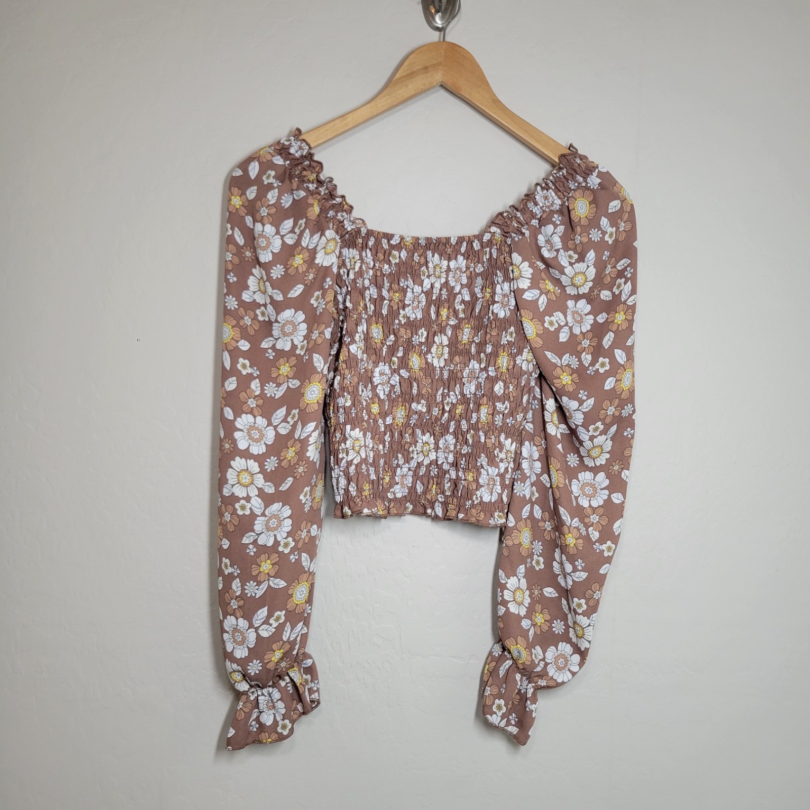 Hesperus Smocked Tube Top Long Sleeve Brown Floral Blouse Size S Boho Cowgirl