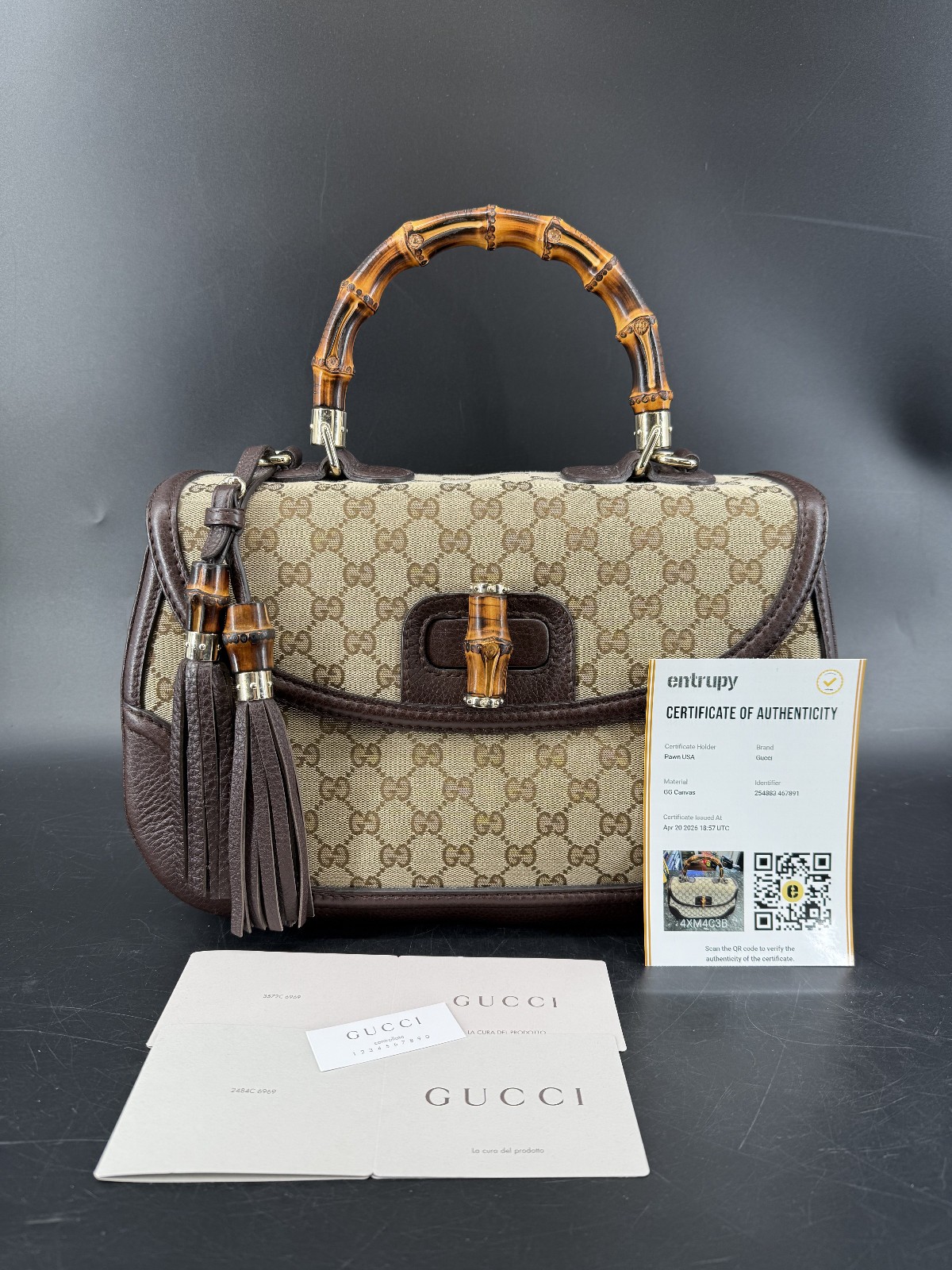 Gucci Beige/Ebony GG Canvas and Leather Large New Bamboo Top Handle Bag