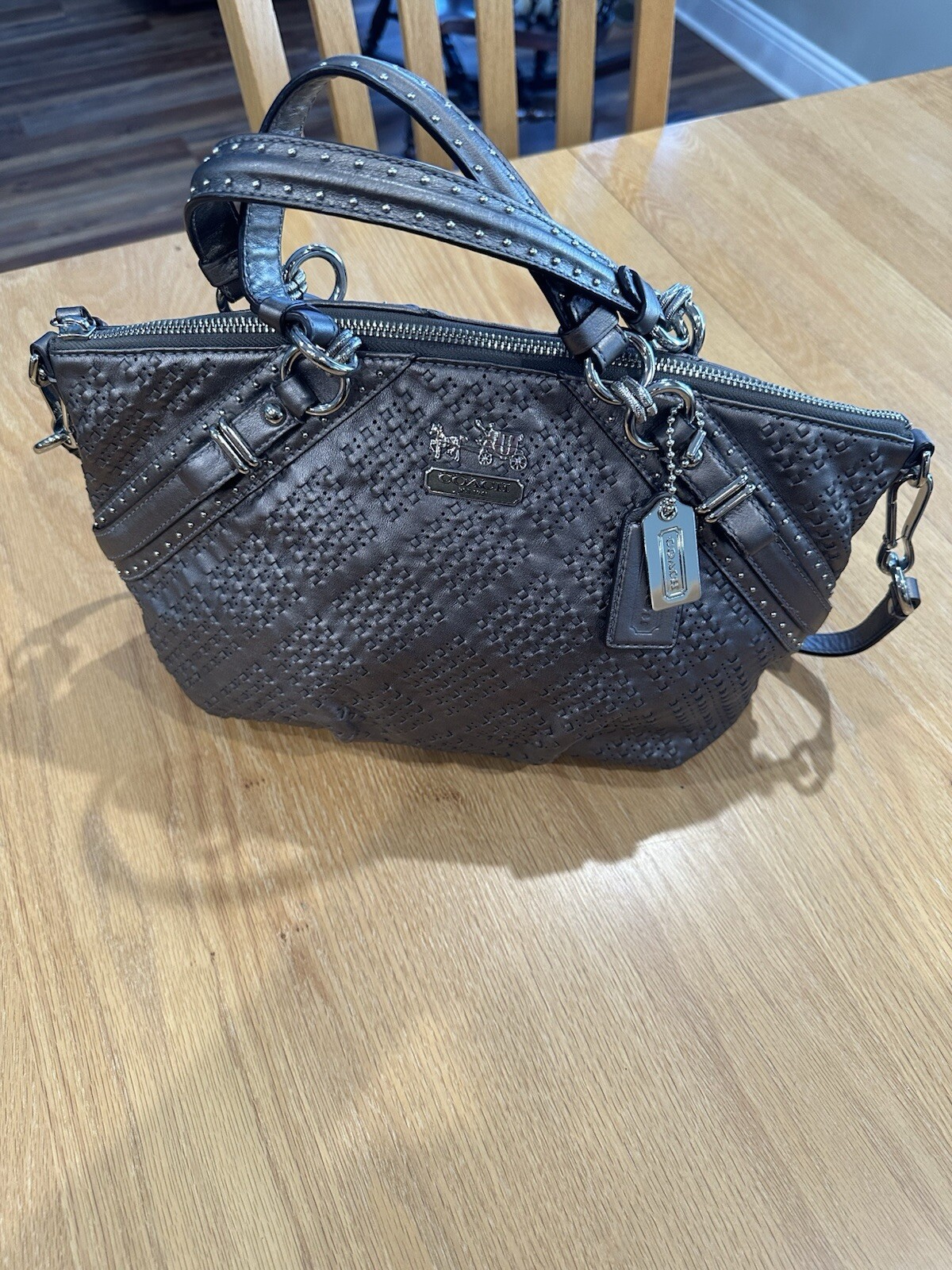 COACH MADISON WOVEN LEATHER SOPHIA PEWTER SATCHEL SHOULDER HANDBAG – CLEAN