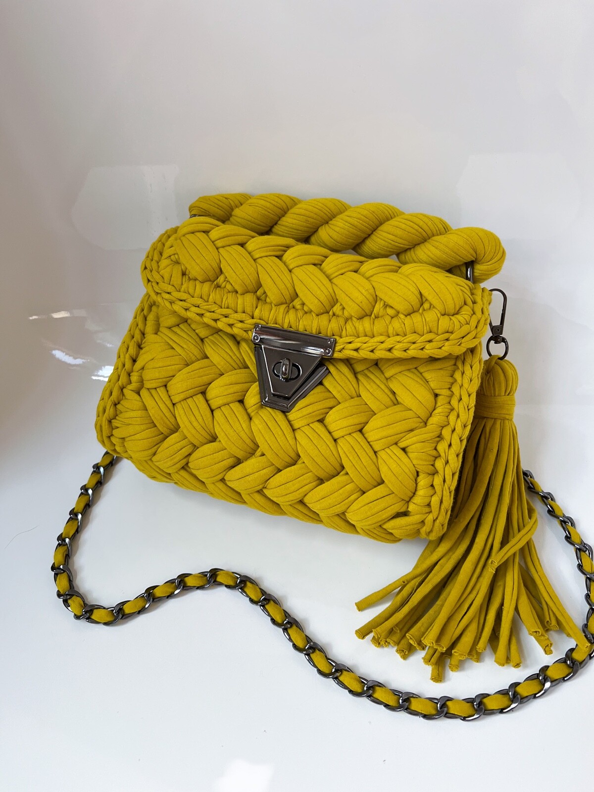 $159 NWOT Handmade Crochet Knitted Luxury Fashion Shoulder Bag Mustard Yellow