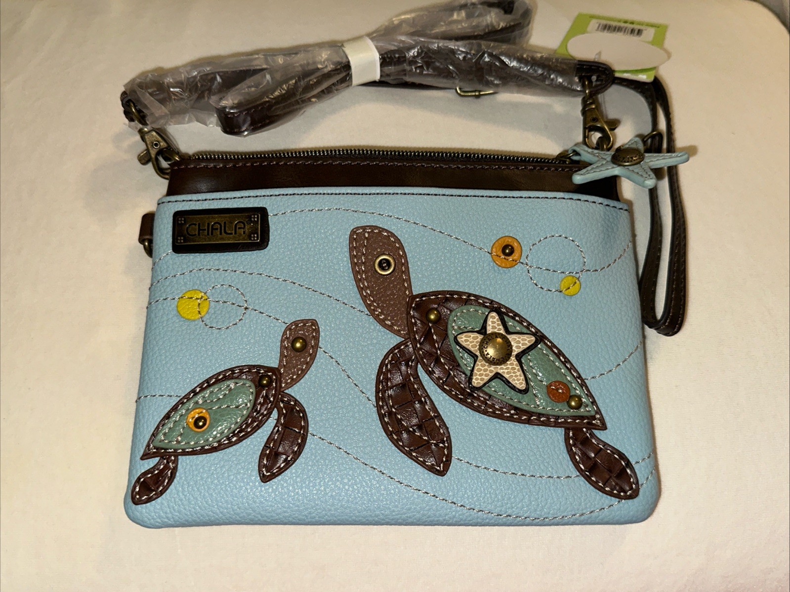 Chala SEA TURTLE Convertible Clutch Purse Crossbody Bag Vegan Blue Brown Small