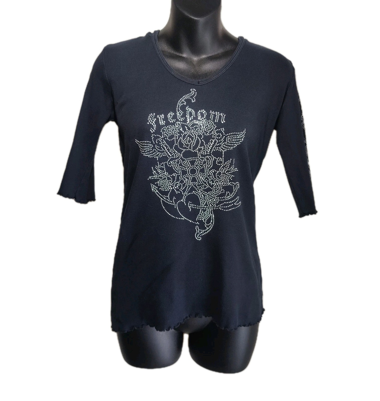 Vintage Freedom Hooded Tshirt Y2K 90s Rock Grunge Retro Rhinestone Biker Women L