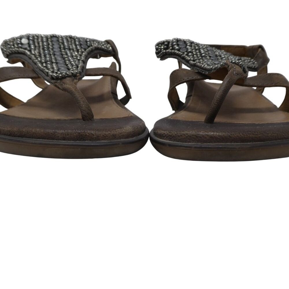Aetrex Shiela Sandals Women 7 Black Leather Beaded T Strap Thong
