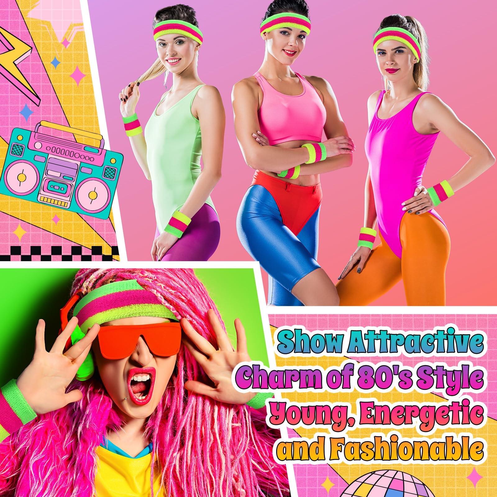 3 Pack Neon Sweatbands Set 80s Wristband and Headband Color War Accessories S…