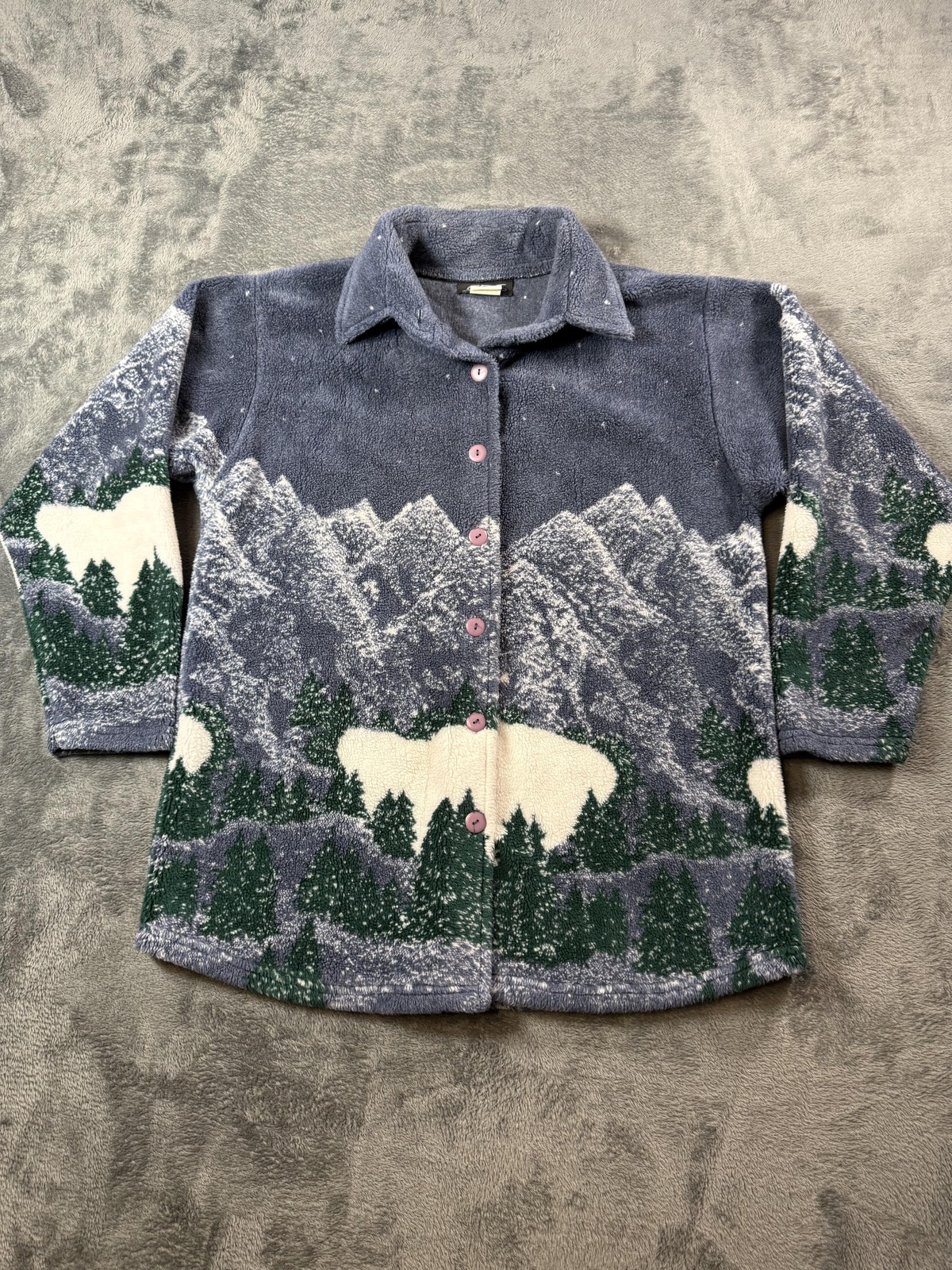 Vintage CDS Sweater Womens Medium Fleece Mountain Forest All Over Made USA 90s