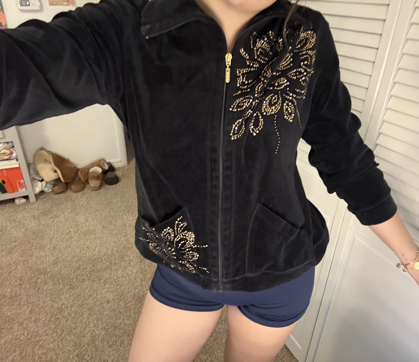 Onque Petite Women’s L Black/Gold Velour Floral Track Jacket Full Zip Pockets