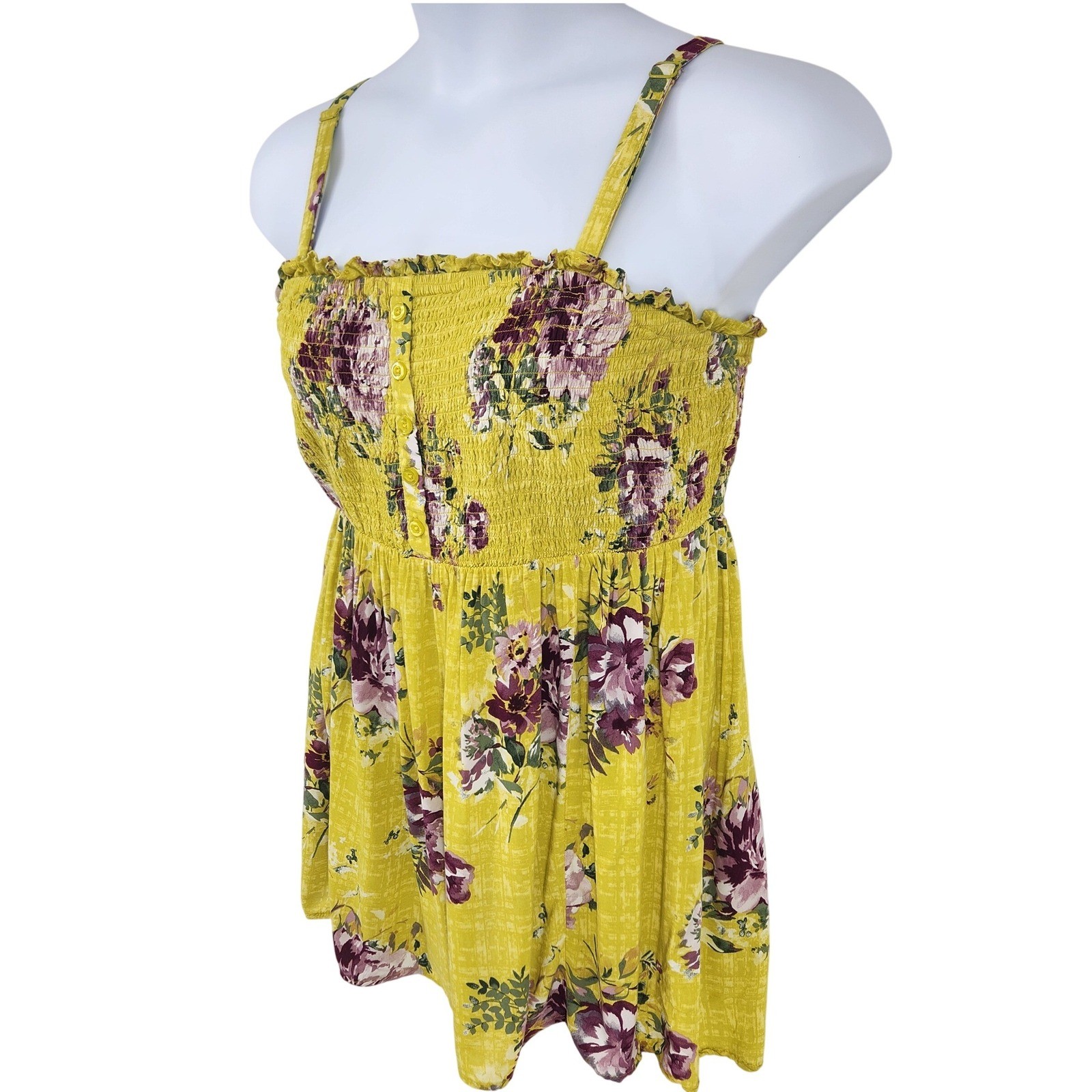 Torrid Womens Size 2 Yellow Floral Smocked Babydoll Cami Top Adjustable Strap