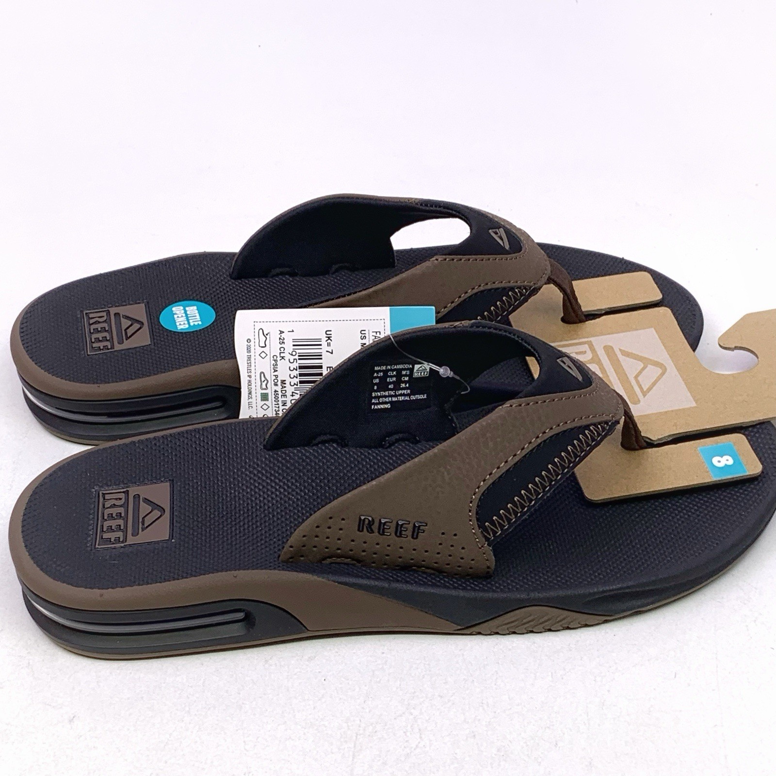 REEF Fanning Flip-Flop Sandals & Sole Bottle Opener Black/Tan Men’s Size 8 NEW