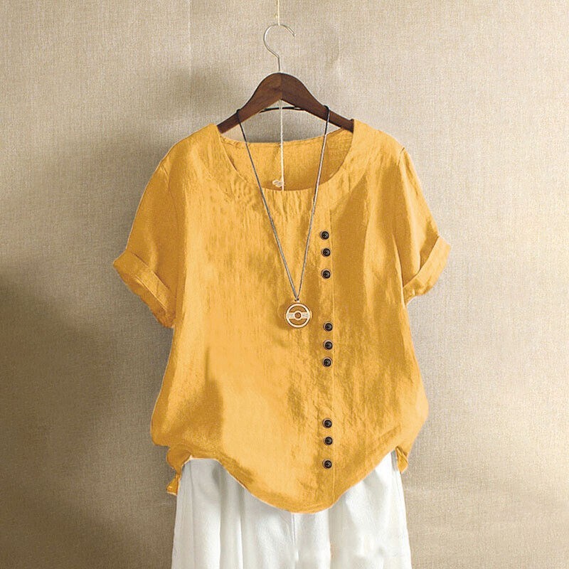 Summer Womens Cotton Linen Tunic Blouse Tops Short Sleeve Shirt Casual