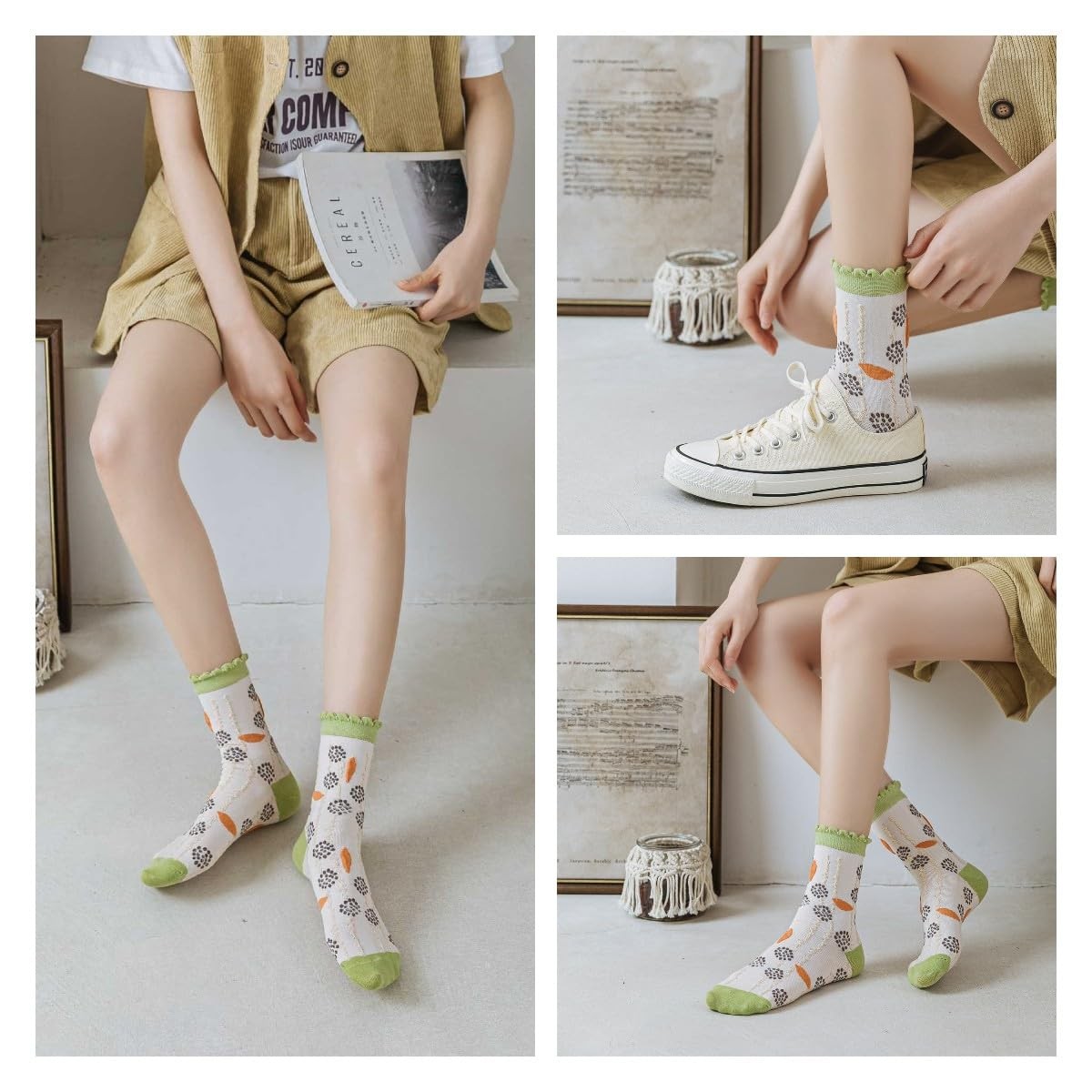 5/10 Pairs Embroidered Floral Socks for Women Combed 5-8, 5 Pairs-set C