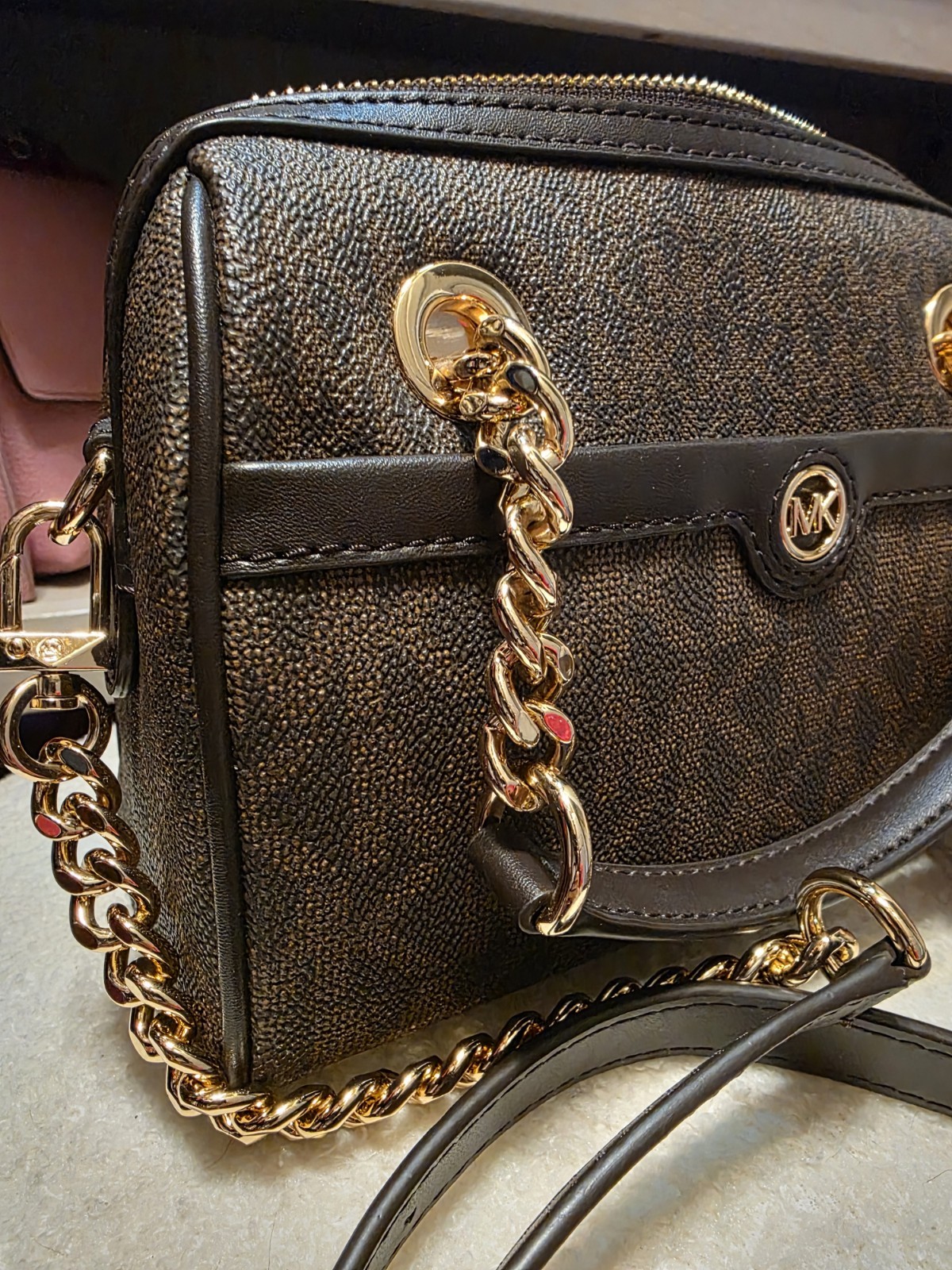 Michael Kors Blaire XS Duffle Crossbody Bag Brown Logo Zip Gold Chain + Charm