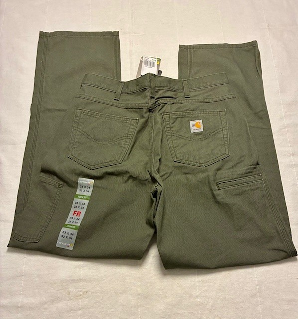 Carhartt FRB 159MOS CAT2 Loose Fit Olive Moss Green Canvas Work Pants Jean 33×34