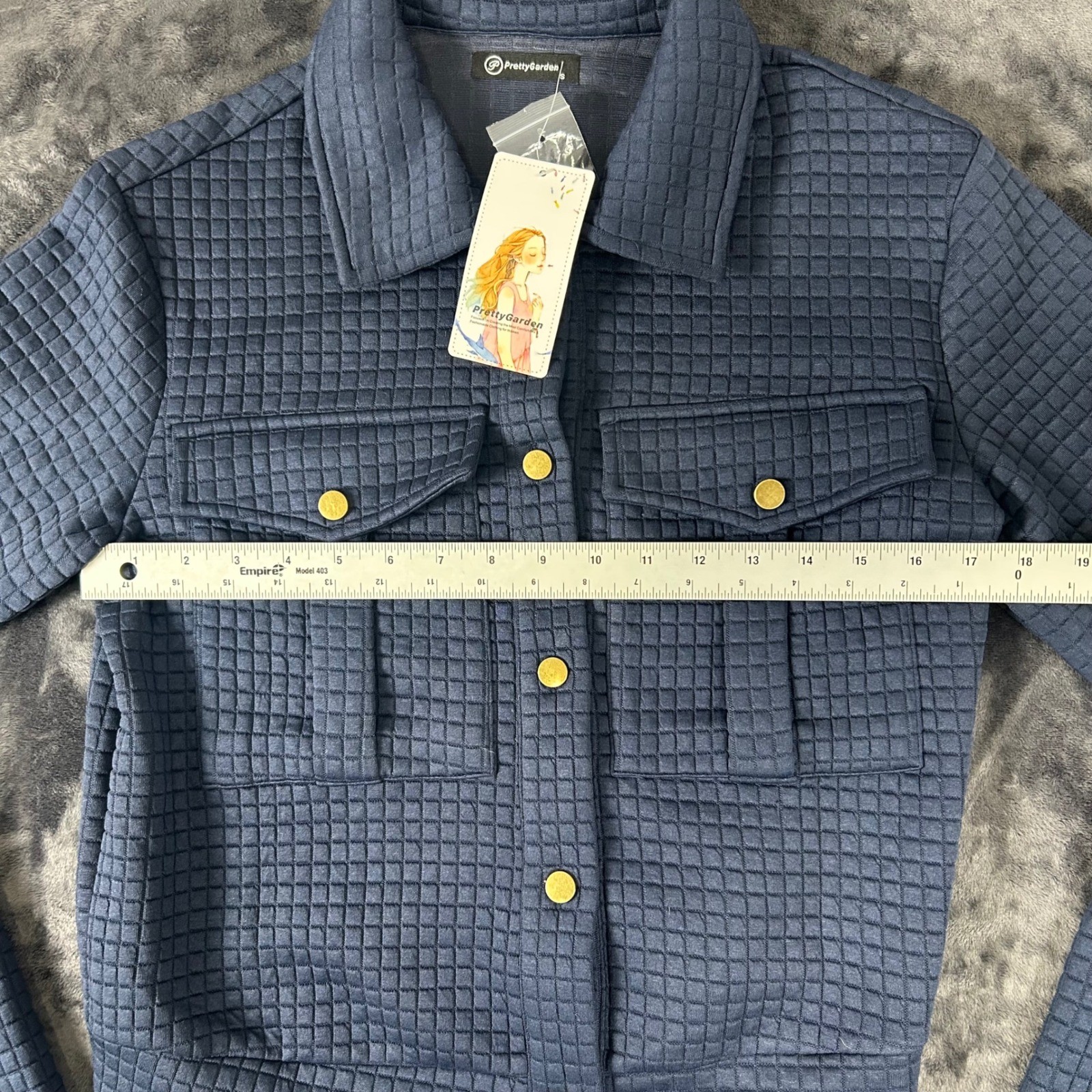 PrettyGarden Quilted Jacket Women Small Blue Button Up Cropped Waffle Knit 6005