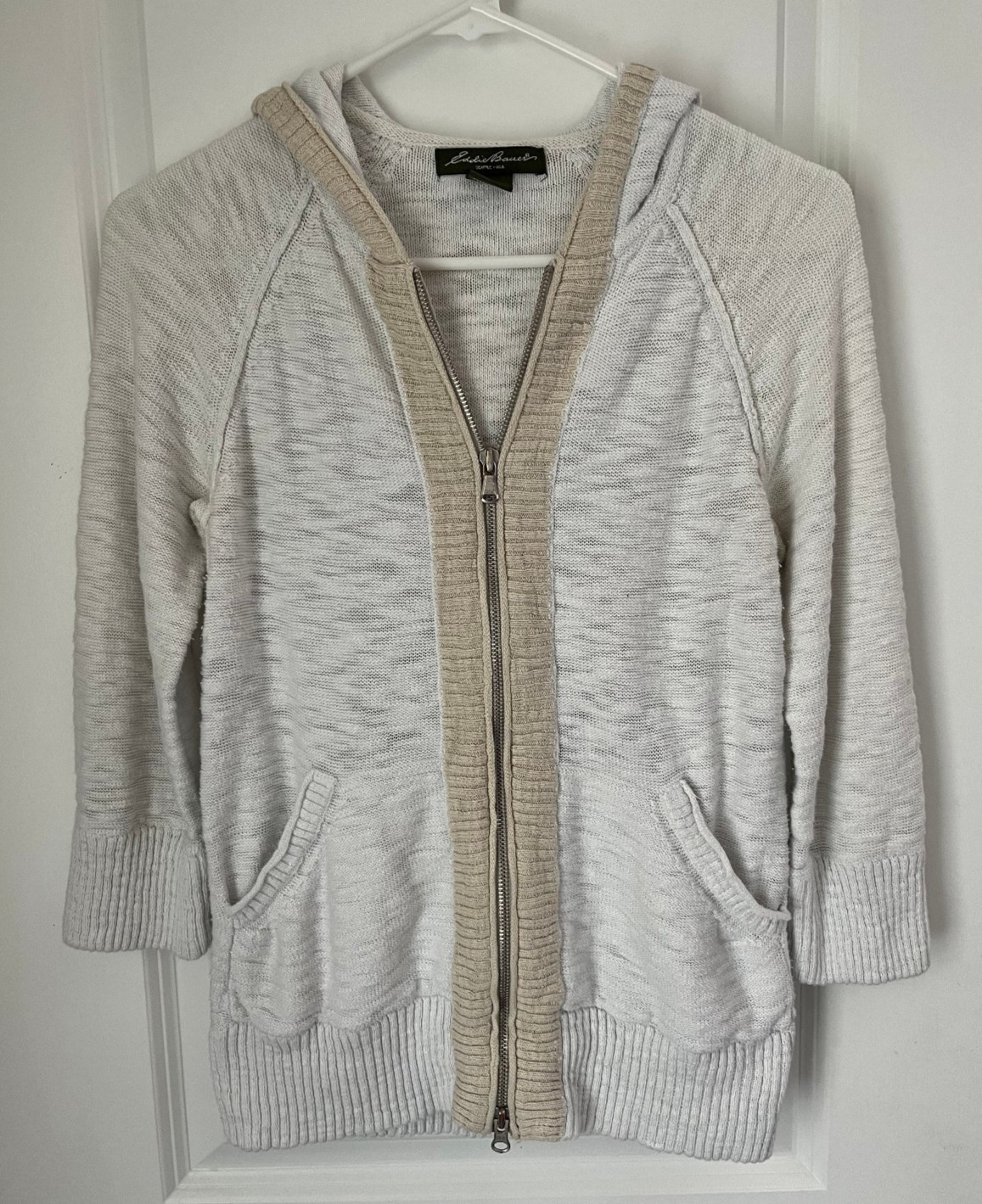 Eddie Bauer Women’s Small White/Tan Zip 3/4 Sleeve Cardigan w/ Hood & Pockets