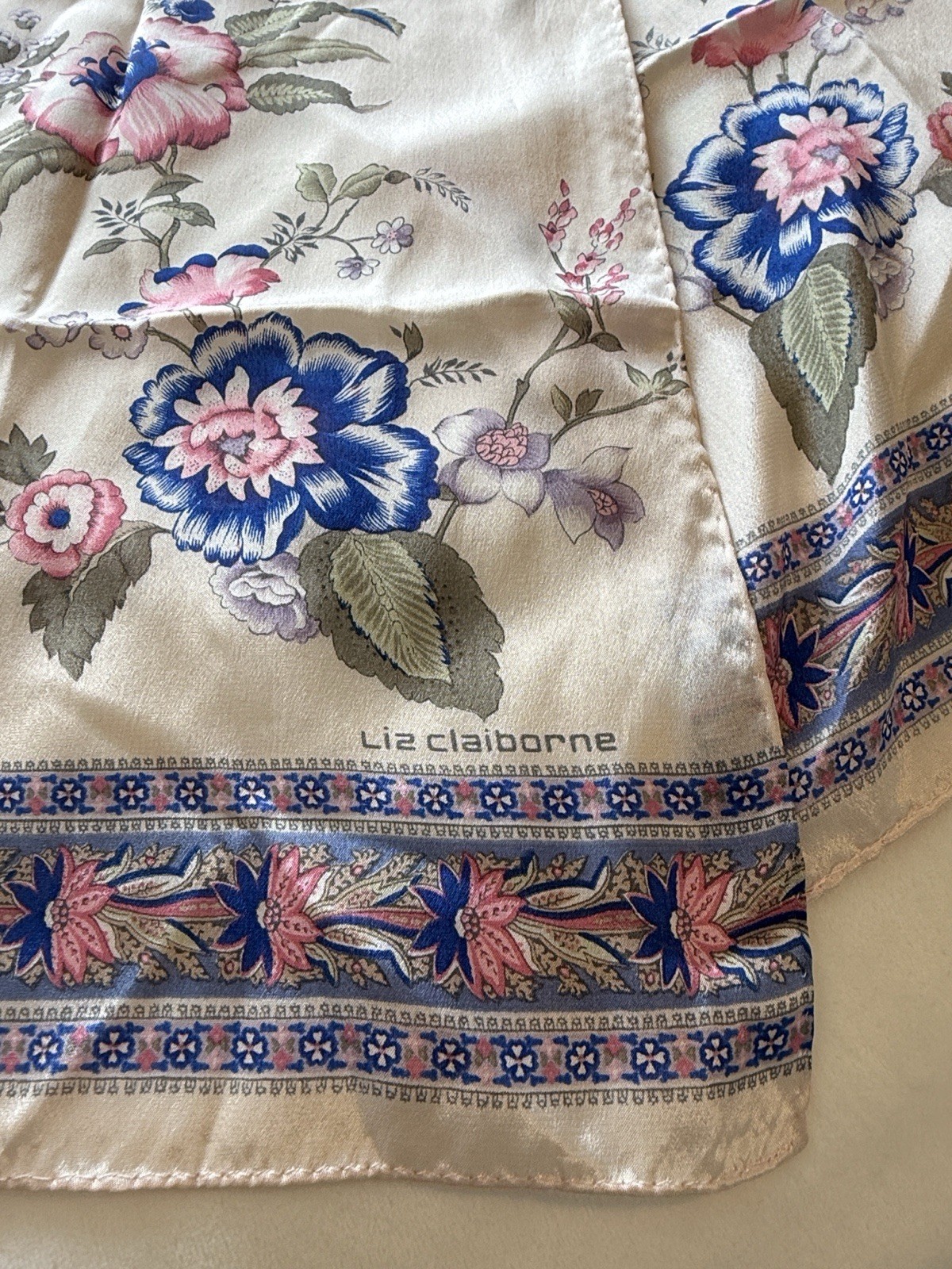Liz Claiborne Floral Silk Satin Rectangle Scarf Ivory Pink Blue Green 52″ x 10″