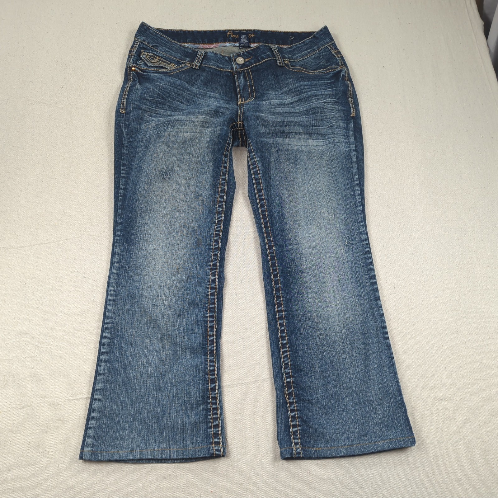 Amethyst Jeans Womens 16 Blue Boot Cut Cropped Low Rise Thick Stitch Flap Pocket