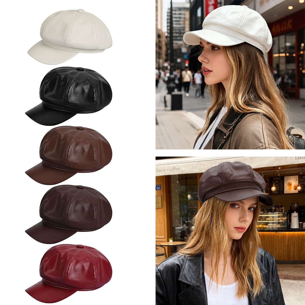 French Retro Ladies Artist PU Leather Beret Cap Baker Boy Peaked Cap Newsboy Hat