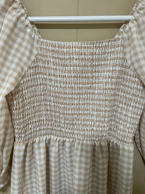 Indigo Rose Gingham Maxi Dress M Beige Smocked Cottagecore Prairie Milkmaid