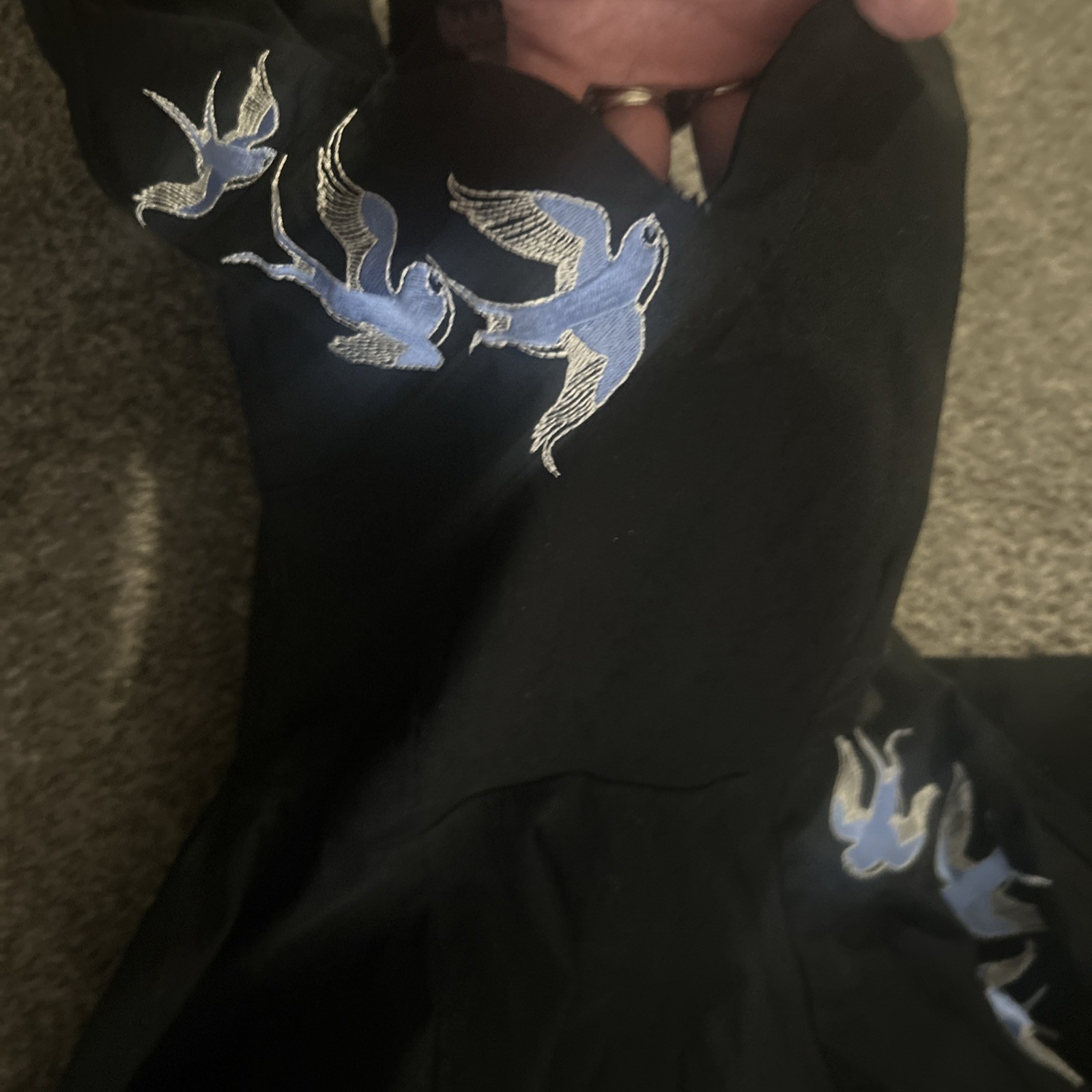 Pinup Couture Black Fit Flare Dress Blue Bird Embroidered Retro Rockabilly Sz M