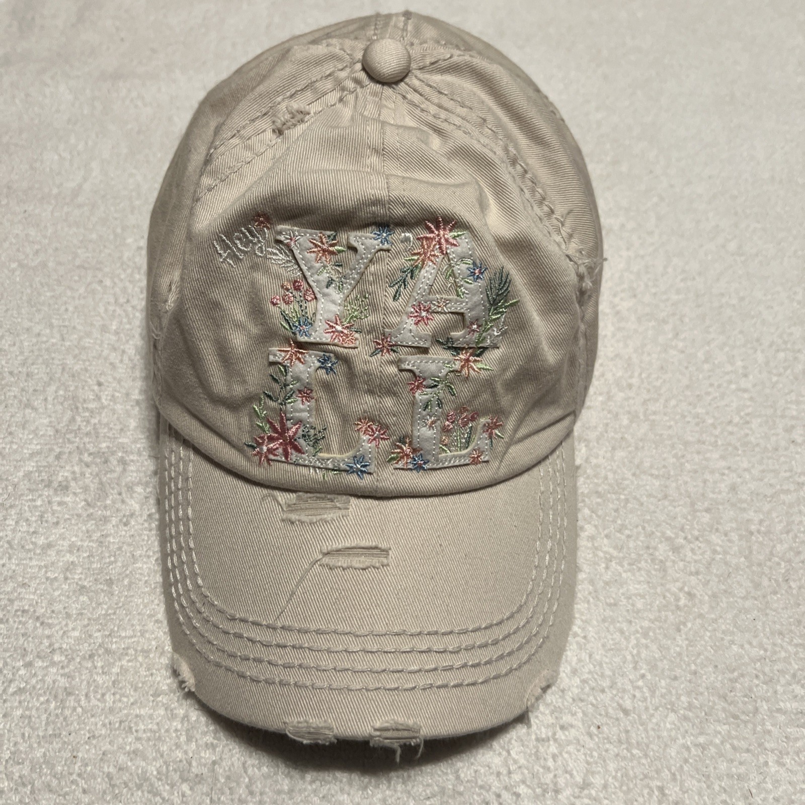 Kbethos VIntage Hey Yall Hat Distressed Cap Ball Adjustable Beige Floral Stitch