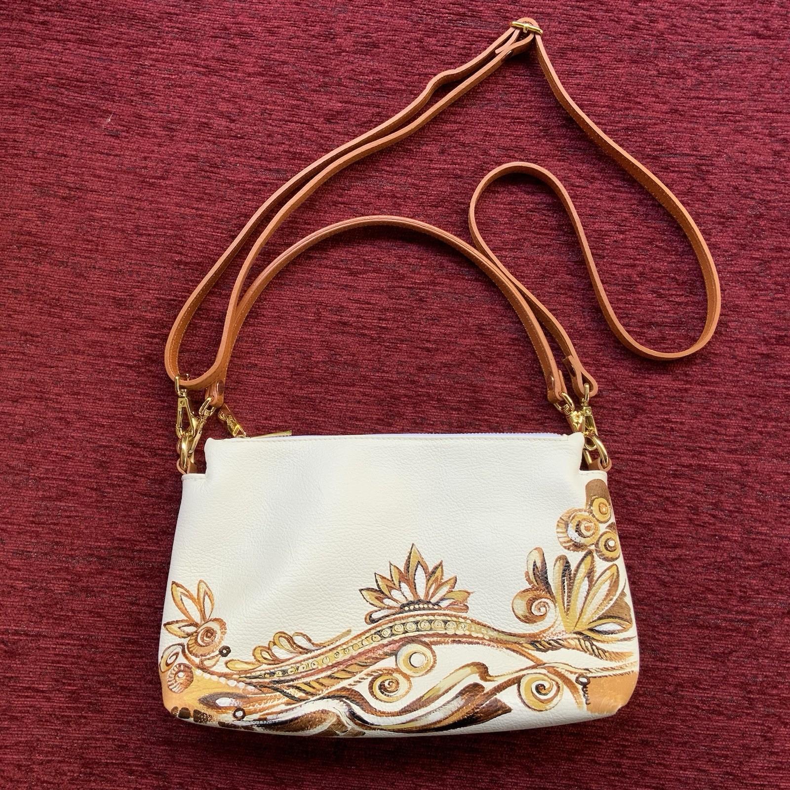 New Valentina Hand Painted Leather Crossbody Bag Floral Ivory Brown Italy