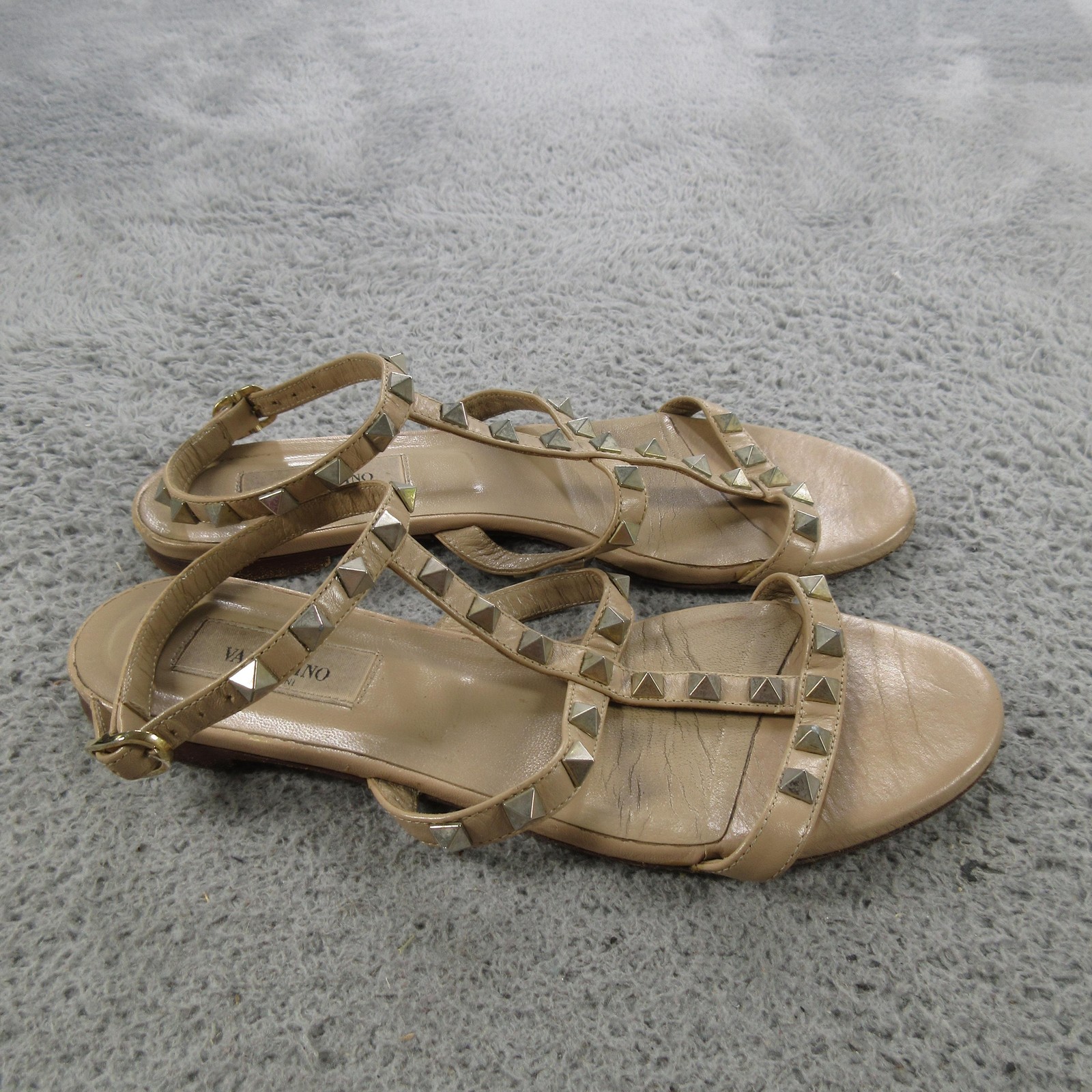 Valentino Garavani Sandals Shoes Womens Size 7.5 Beige Studded Leather Strappy