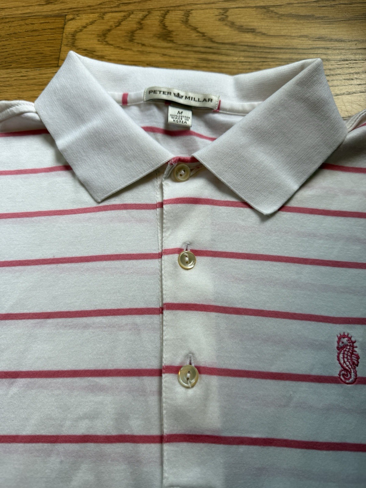 Vintage Peter Millar Polo Shirt MenM White Pink Stripe Seahorse Logo Cotton Golf