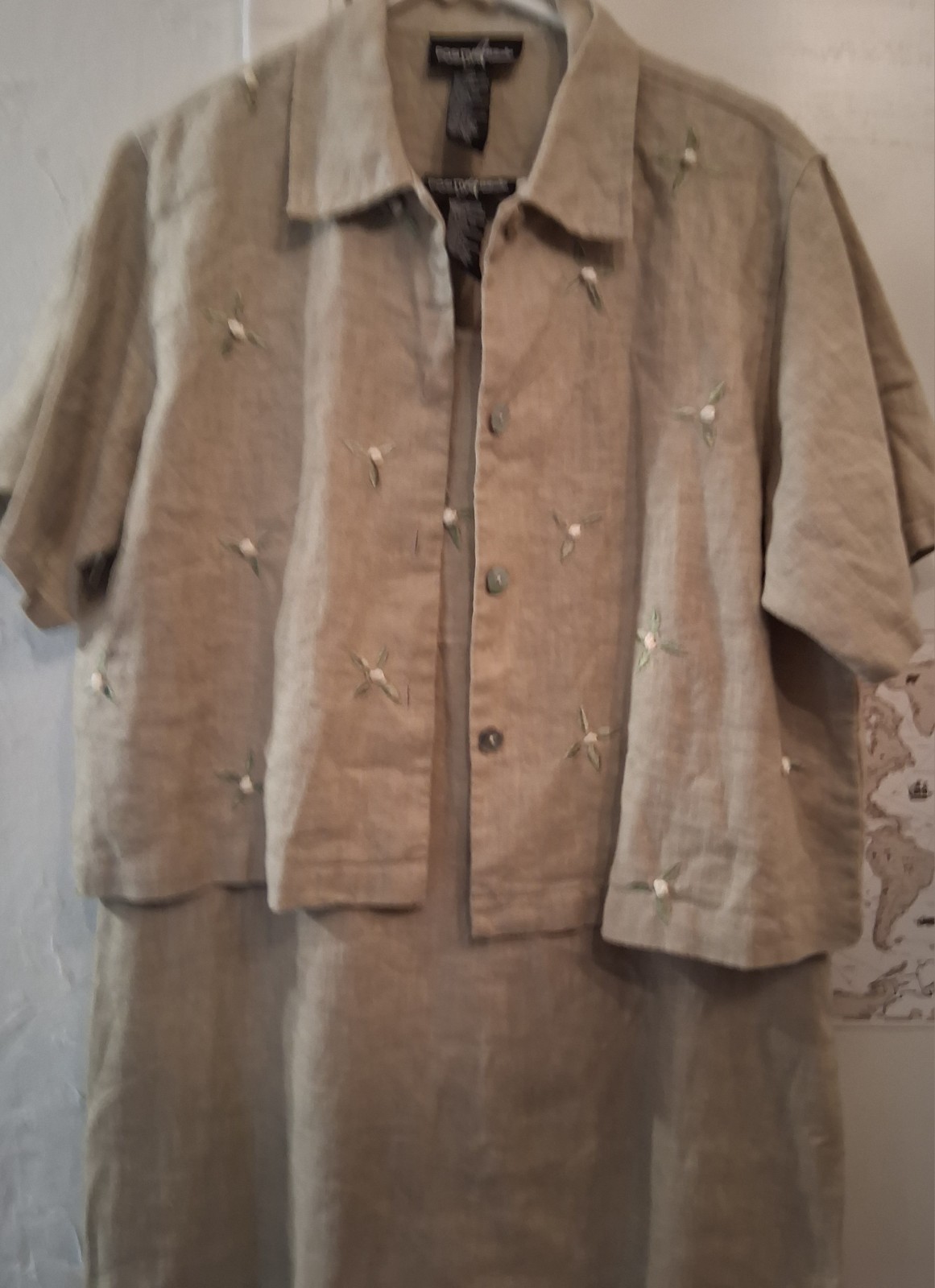 VTG Dress Positive Attitude 100% Linen Sz XL Embroidered Floral Khaki Maxi 2 PC