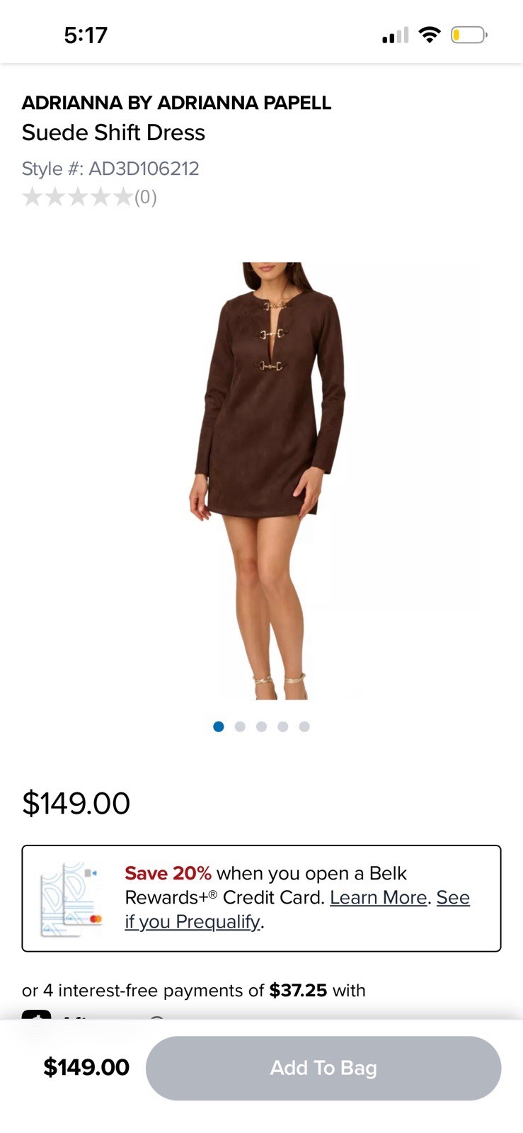 Adrianna Papell Brown Solid Microsuede Shift Dress Long Sleeve Zip Size 2