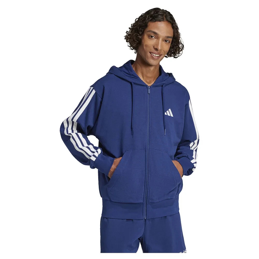Adidas men Essential French Terry 3-Stripes Full-Zip Hoodie Royal Blue White 2XL