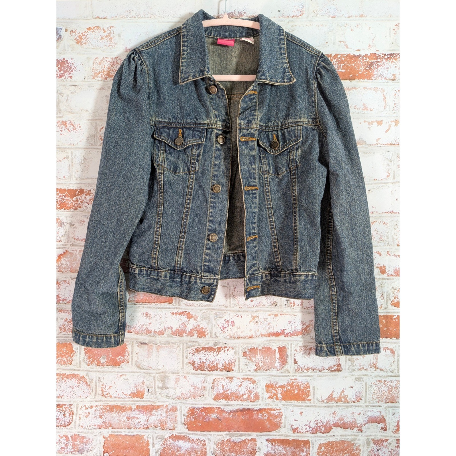 Xhilaration Denim Jacket Womens Medium Blue Puff Sleeve Button Detail Trucker