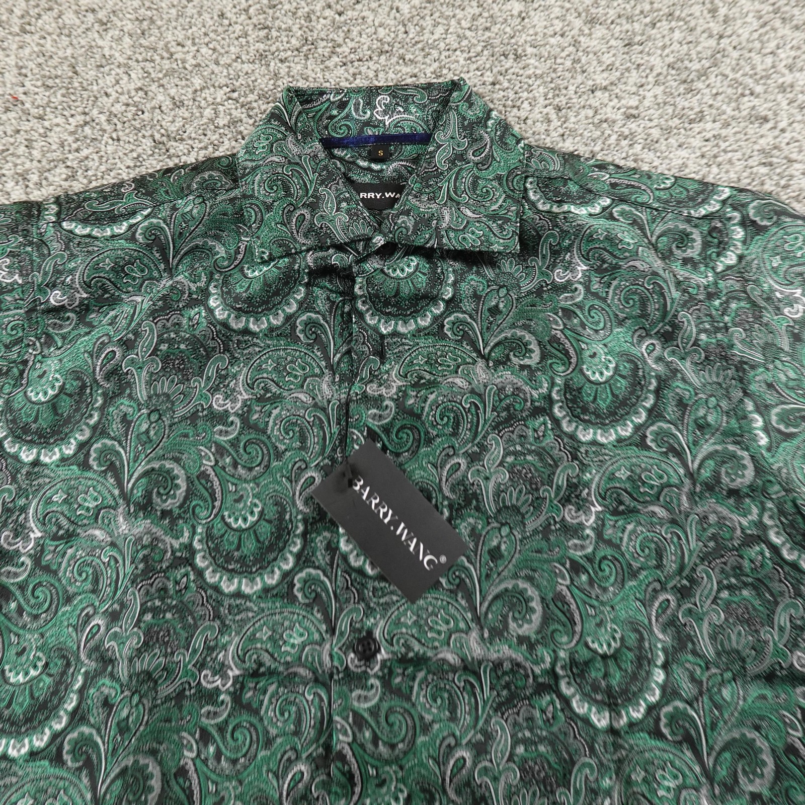 NEW BARRY WANG Shirt Mens S Green Paisley Short Sleeve Button Up Party Dress Top
