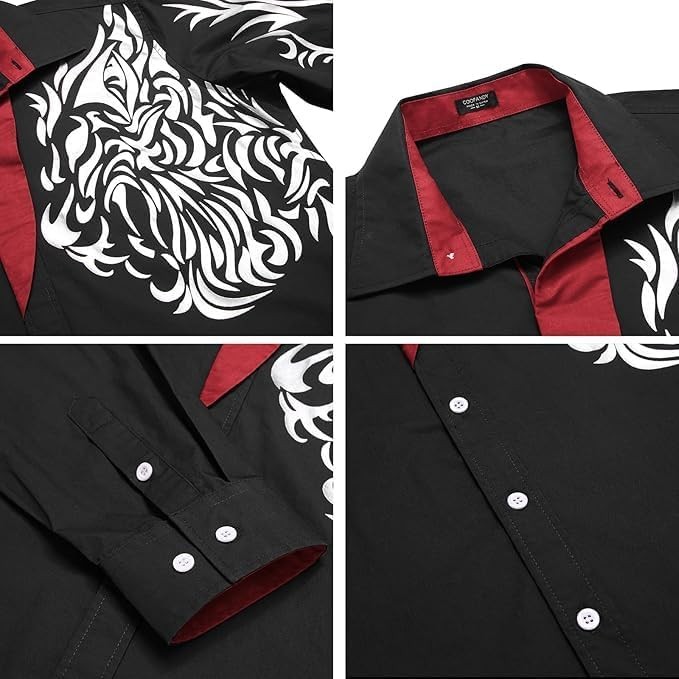 Mens Fashion Print Dress Shirt Long Sleeve Button Down Casual Top