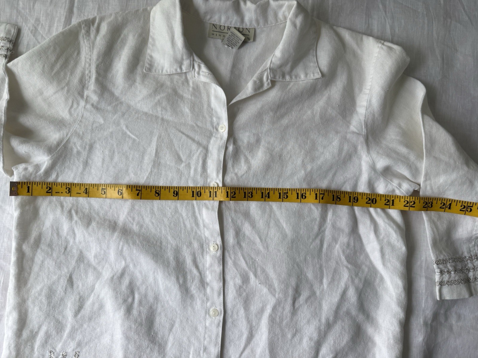 Women’s 3/4 Sleeve Norton McNaughton White Linen Button Shirt Embroidery Sz M