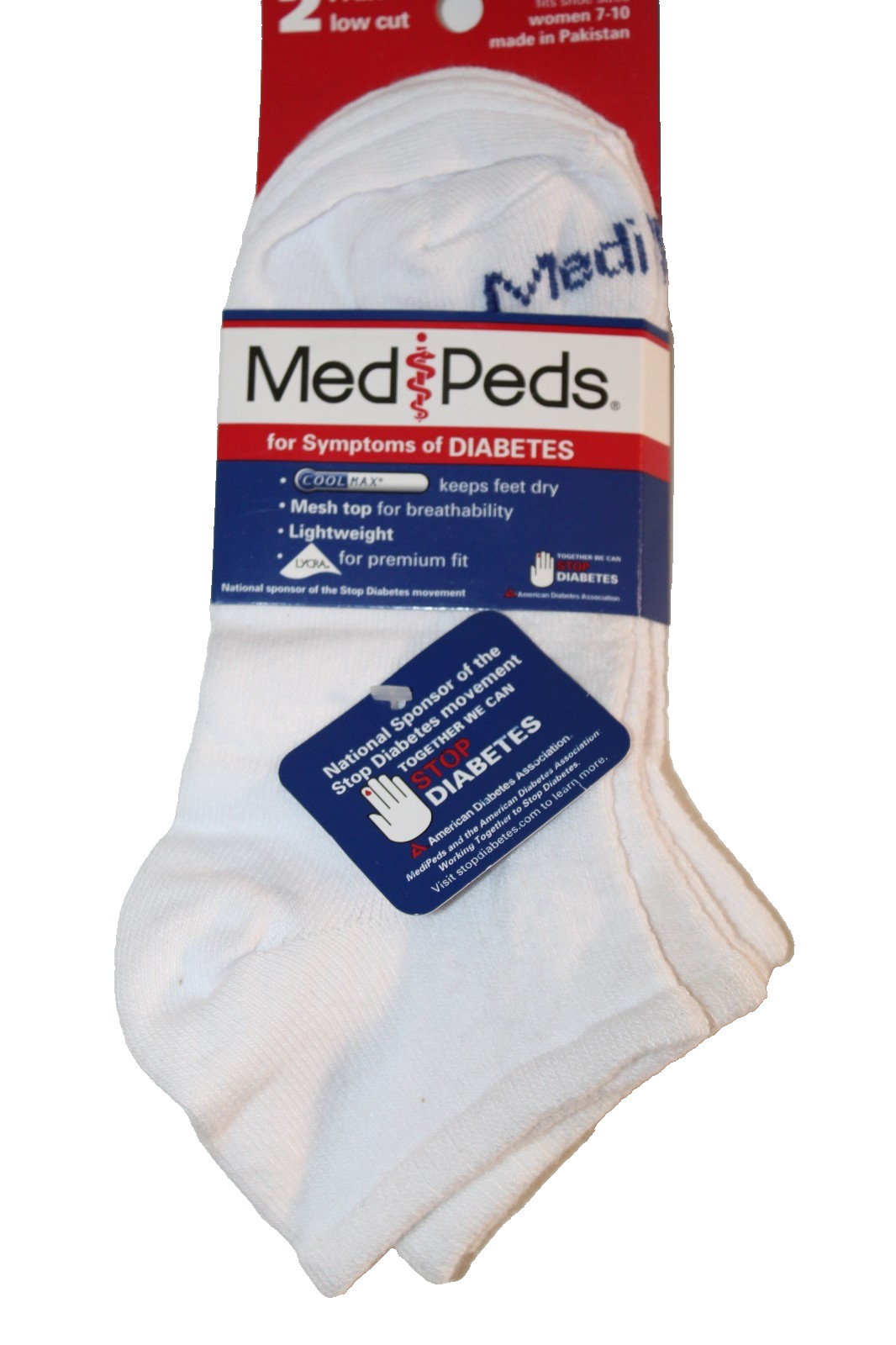 MediPeds Women’s 2-Pair White Low Cut Ankle Socks Shoe Size 7-10 (Med) #8563