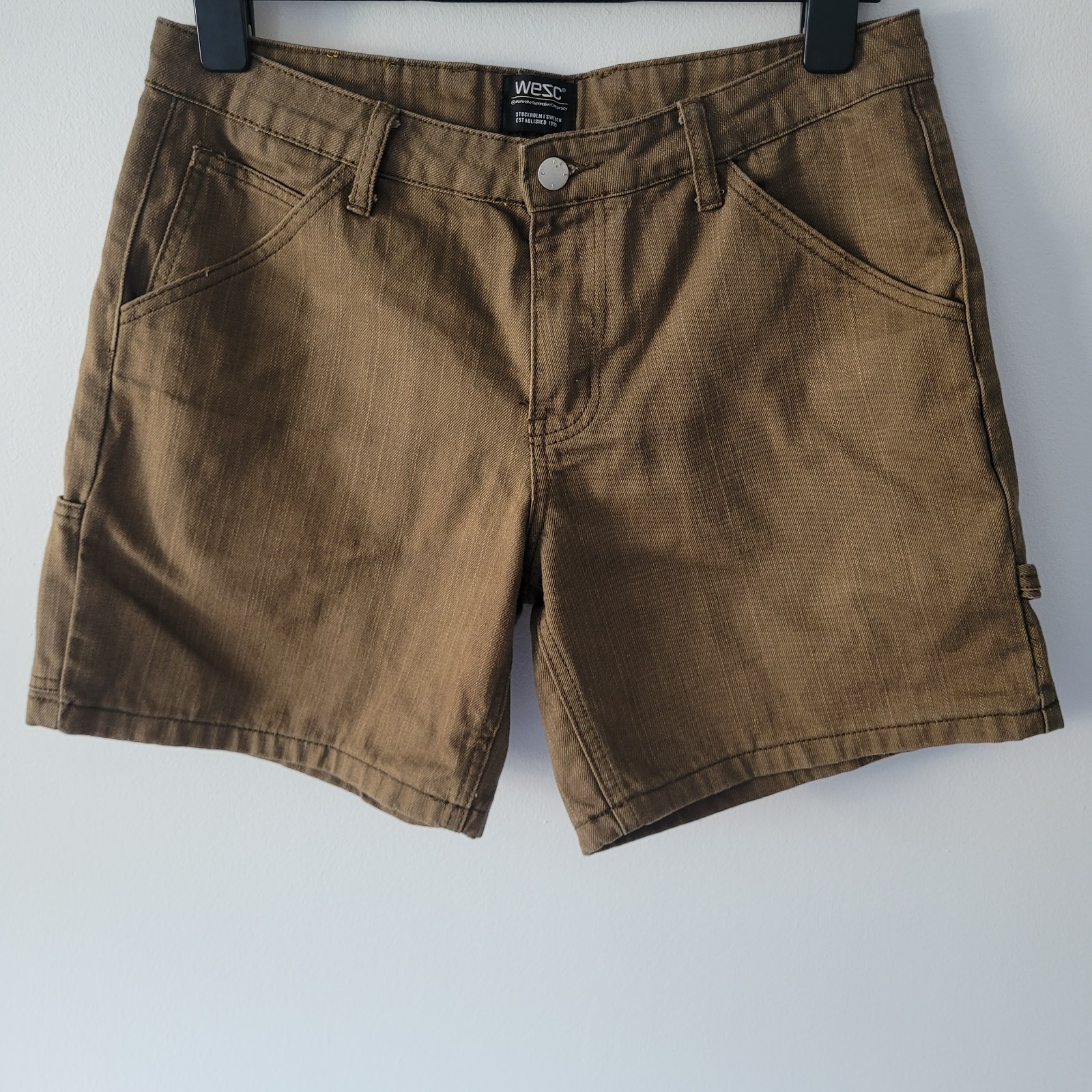 Mens WeSC Denim Shorts Brown Waist 30 Cargo Style Casual