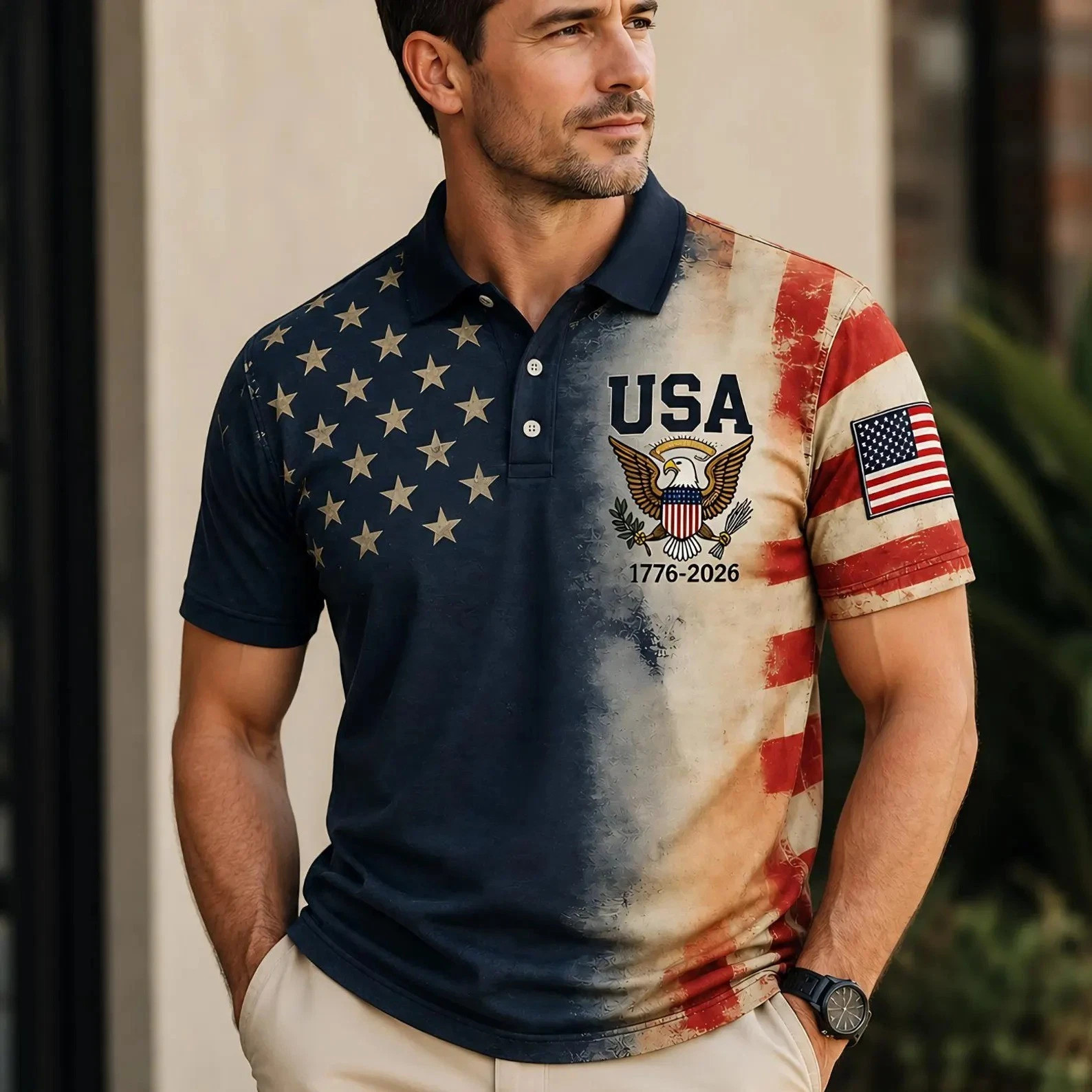American Flag Polo Men, Patriotic Shirt 250th Anniversary Polo Shirt 1776-2026,