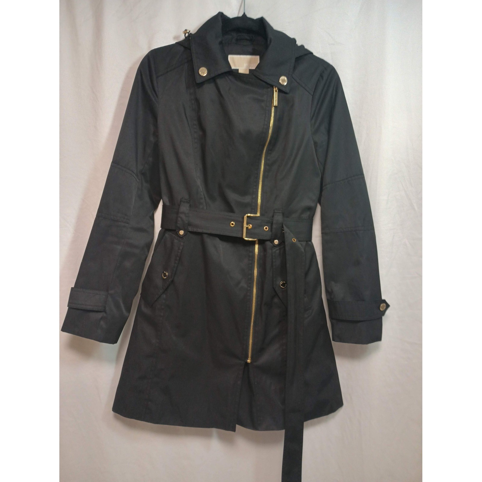 Michael Kors Womens Black Asymmetrical Zip Hooded Trench Coat Belted XS Gold Zip