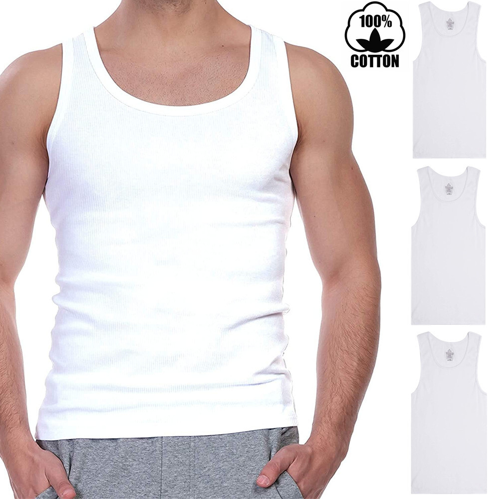 3 Packs Mens 100% Cotton Tank Top Wife Beater A-Shirt White Ribbed Undershirt