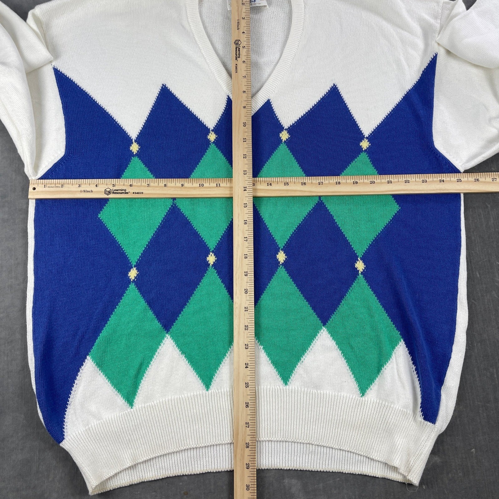 Pringle of Scotland Men XL White Argyle V-Neck Sweater Pure Cotton Made Scotland