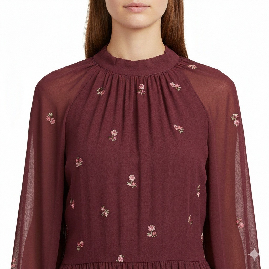ASOS DESIGN Burgundy Floral Embroidered Tiered Maxi Dress Tie Neck Wine Size 10