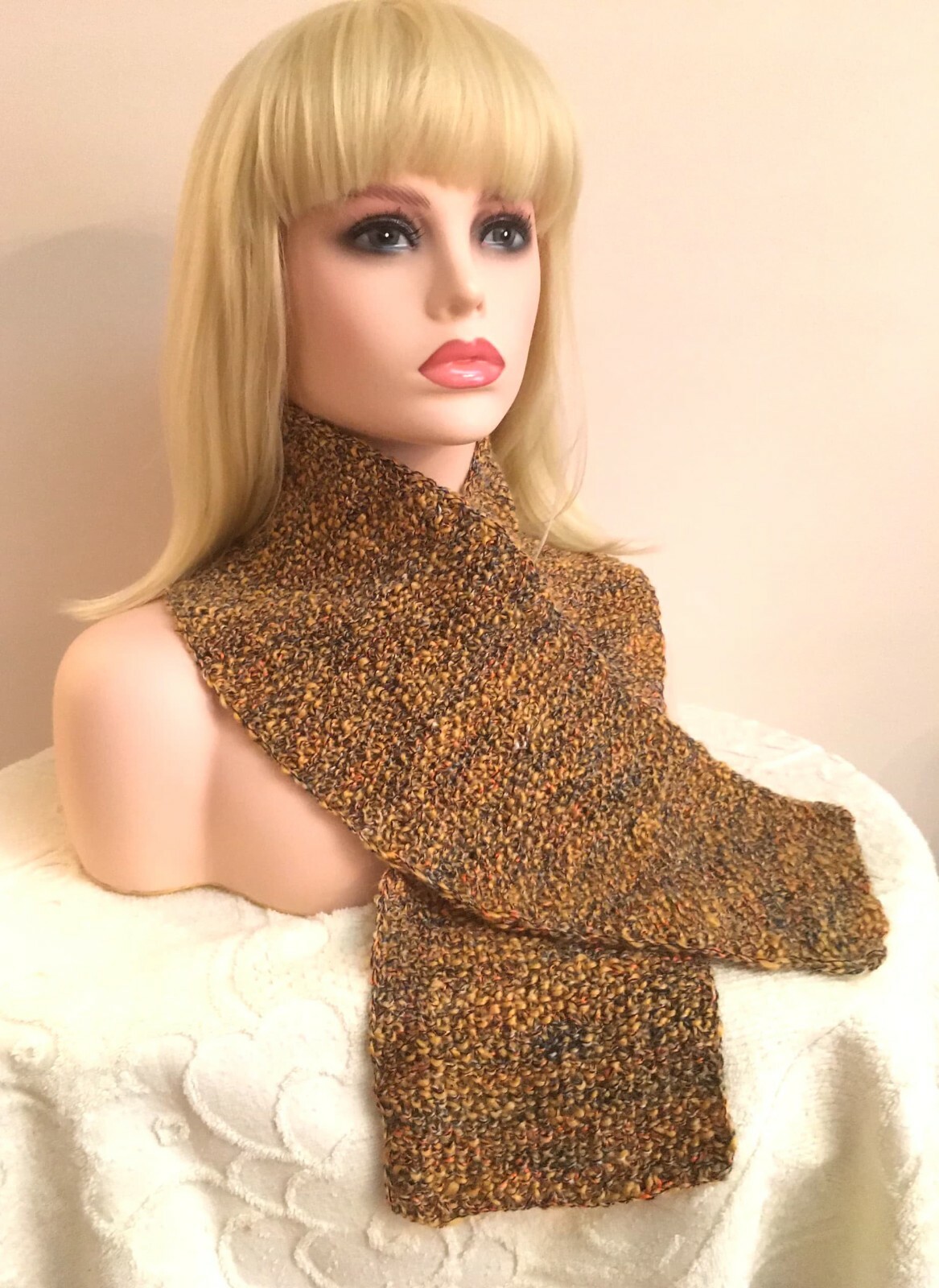 YELLOW BROWN SCARF NECK WARMER WINTER FALL NEW HAND KNITTED ENGLAND WOOL MOHAIR