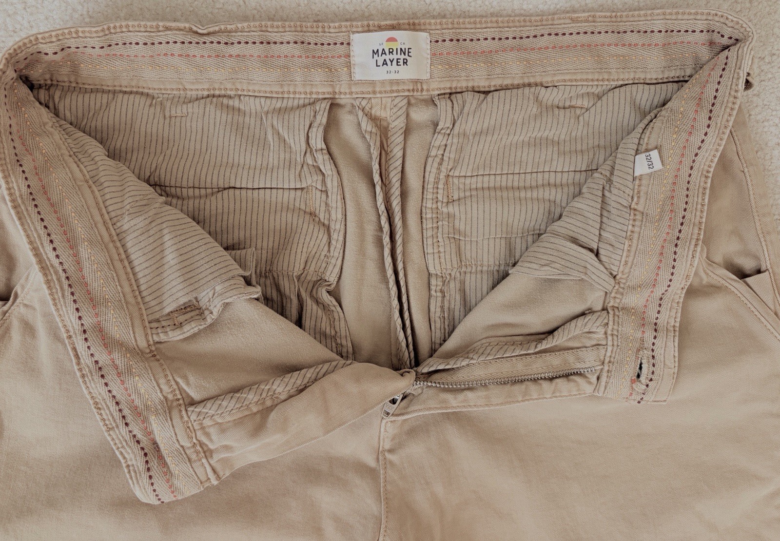 Marine Layer Men’s Beige Chino Pants 32W Slim Straight Stretch Flat Front