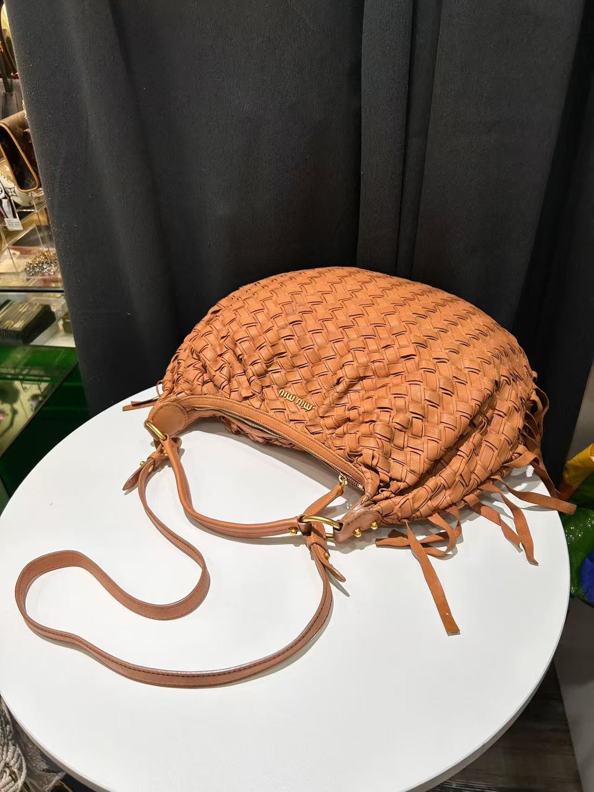 Miu Miu Handbag Woven Tassel Caramel Brown Lambskin Leather Italy