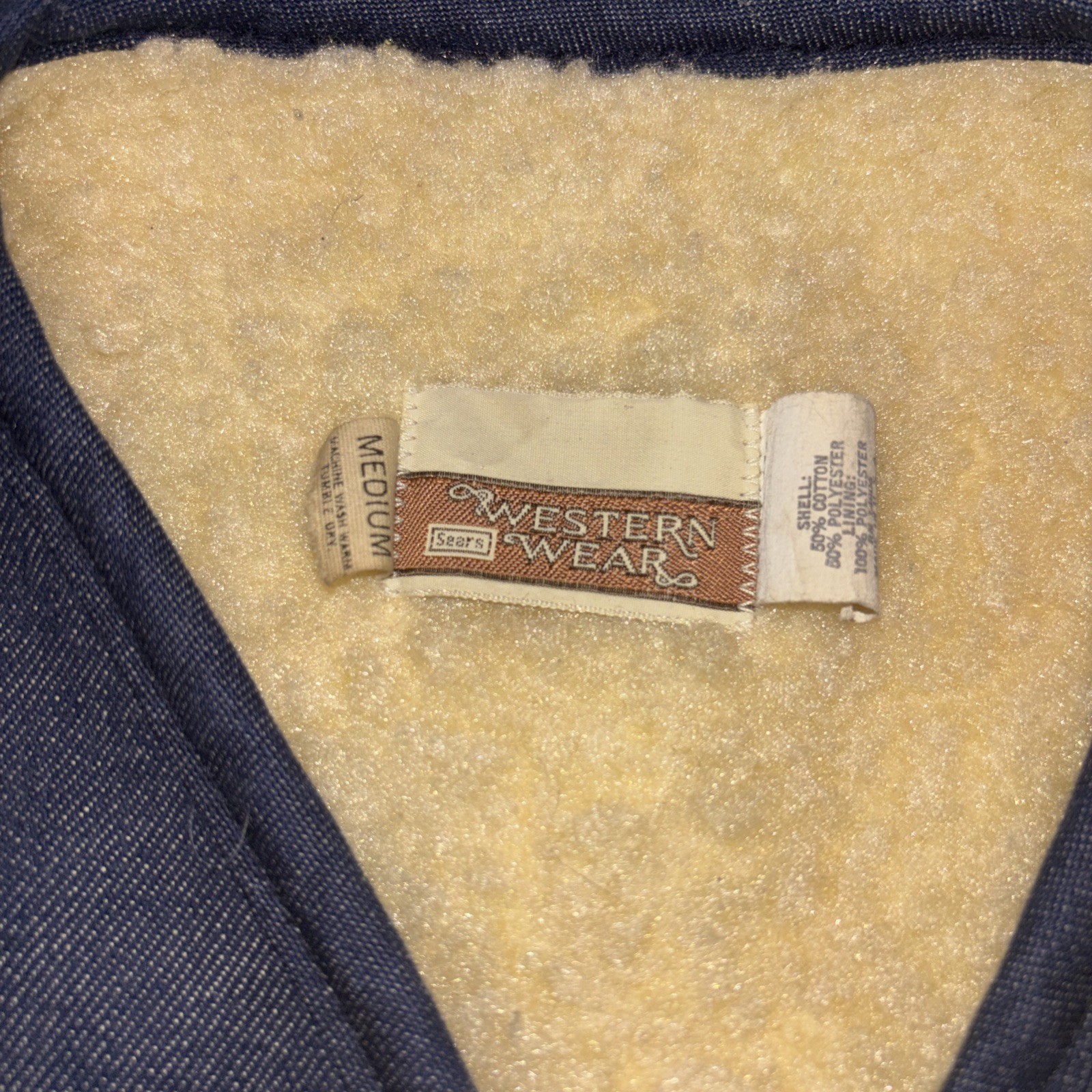 Sears Western Wear Denim Vest Mens Blue Size M Sherpa Lined Dark Wash Vintage