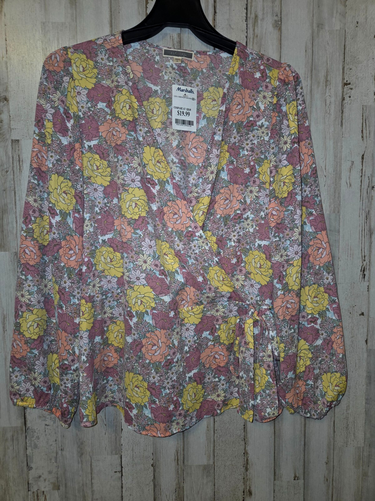 NWT Pleione size M Floral Blouse Shirt long sleeve Tie Waist Wrap Chiffon
