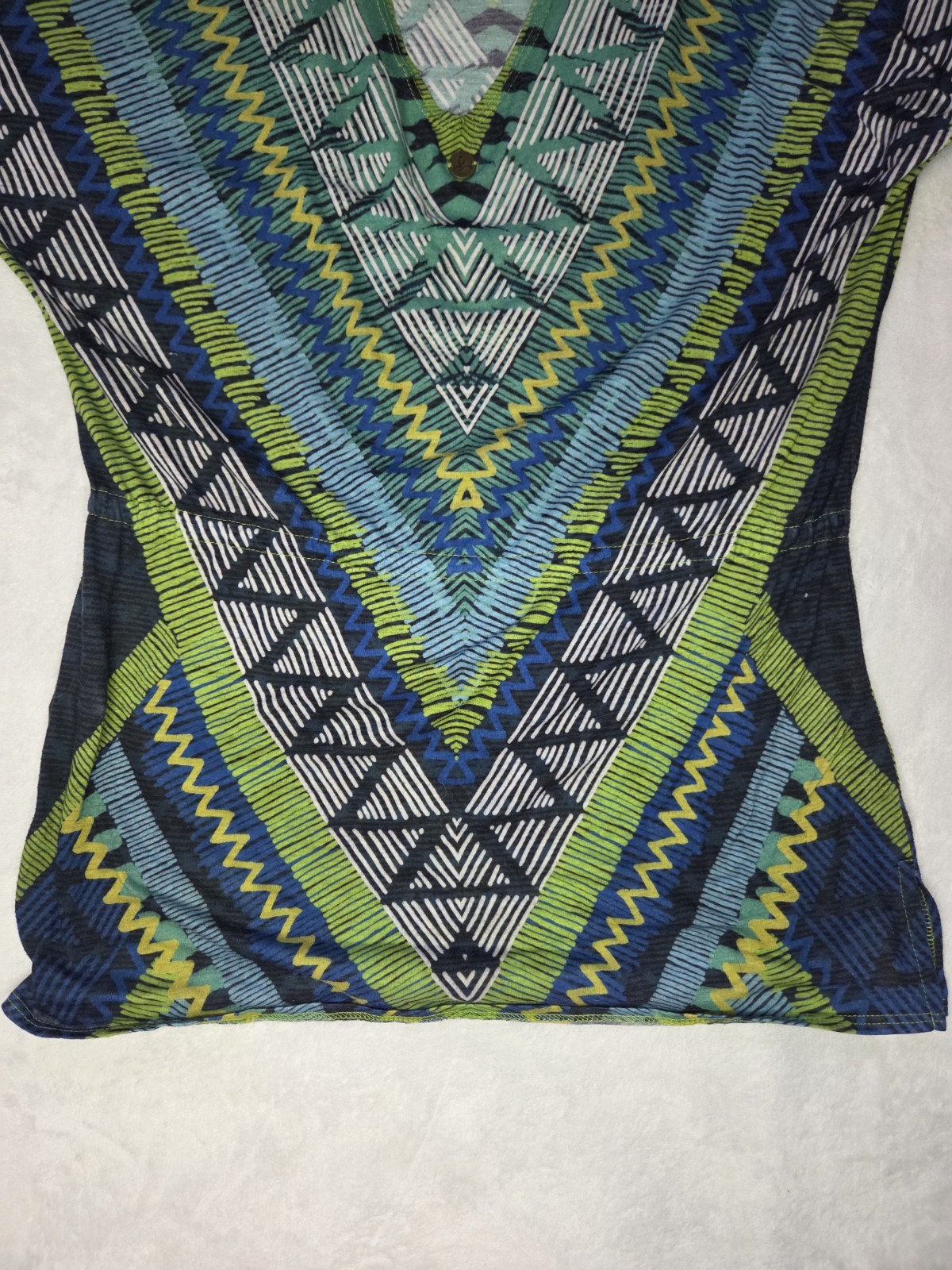 prAna Saida Kaftan Tunic Cover Up Green Teal Aztec Geometric Tissue Jersey S