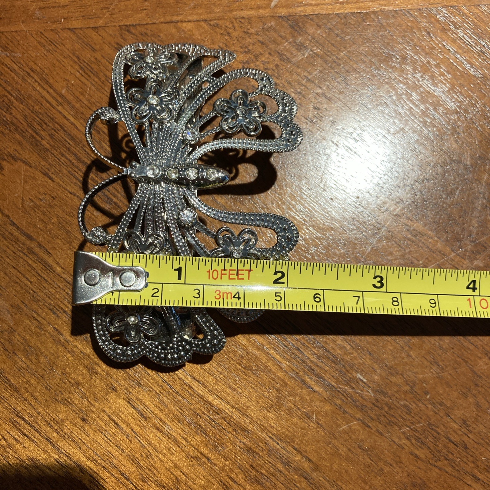 Butterfly Rhinestone Barrette Silver Tone Flowers Filigree 2×3″ Clasp Metal 3D