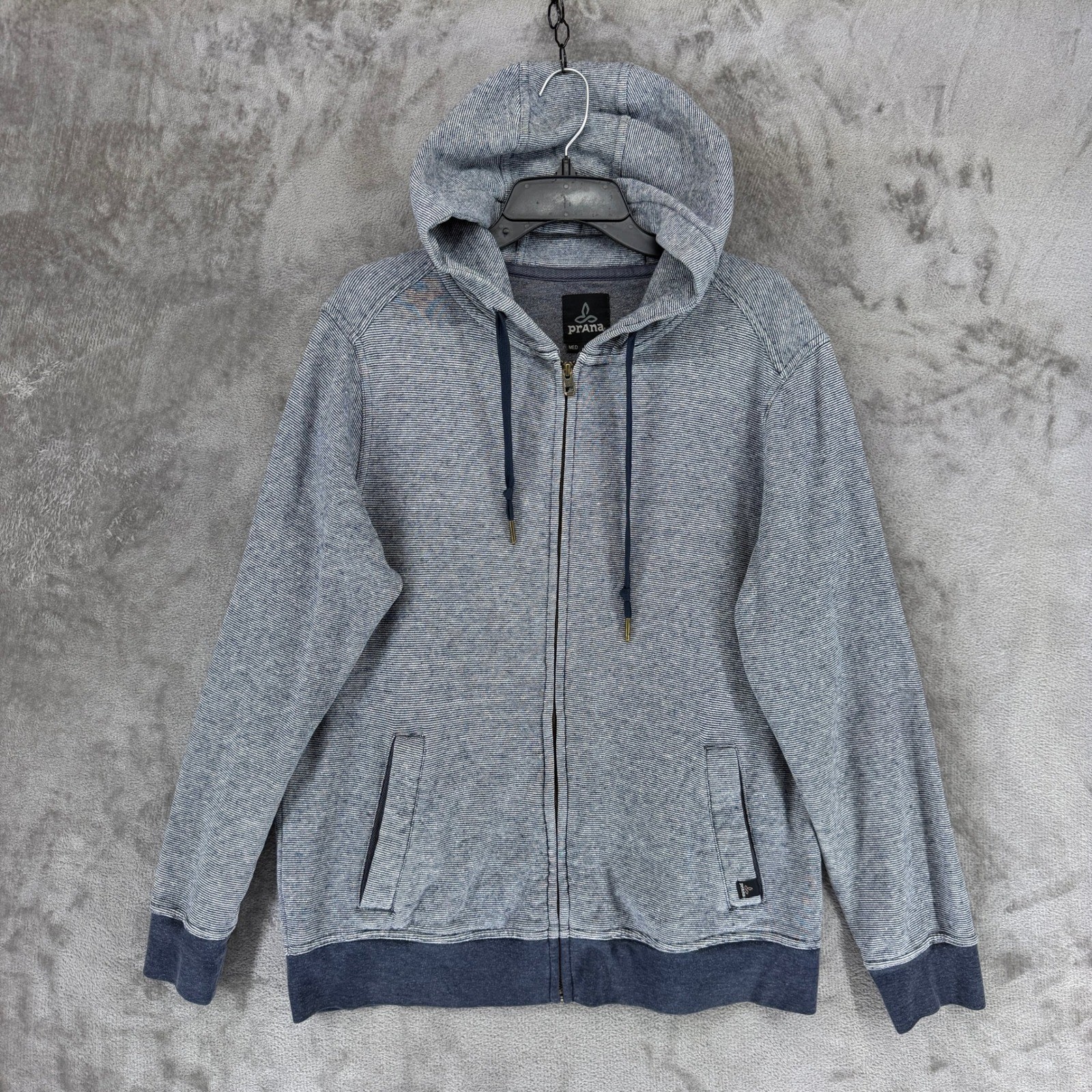 Prana Mens Full Zip Hoodie Blue White Striped Hemp Blend Medium Hooded Jacket