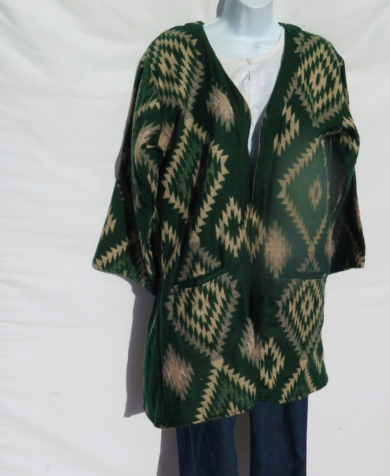 Kimono Jacket Boho 60s 3/4 Sleeve Handmade Yak Wool Blend XXL